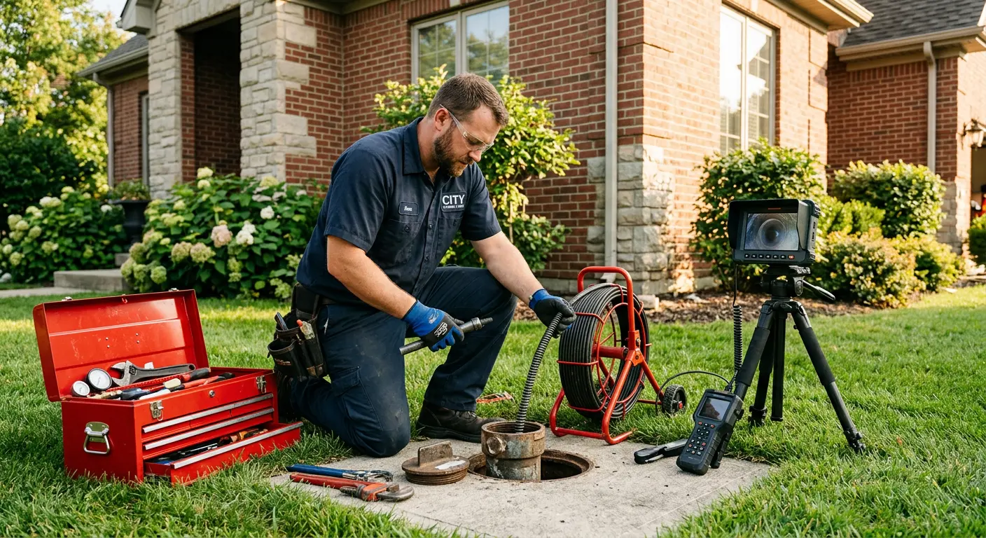 Sewer specialist with camera equipment servicing a cleanout in Findlay