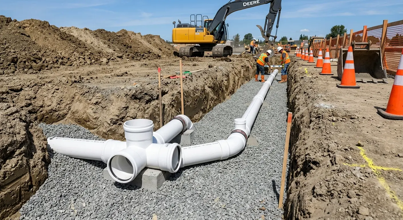 New PVC sewer pipe installation in open trench for Commercial Drain Cleaning in Findlay